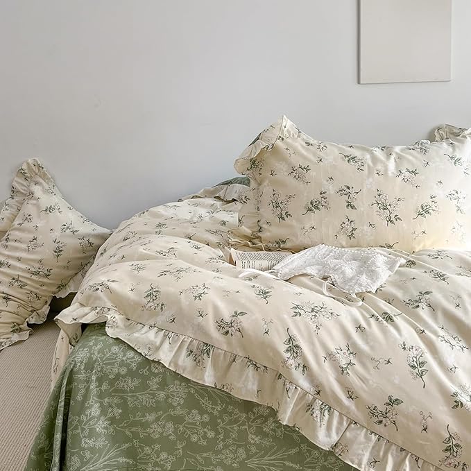 MKXI Botanical Floral Duvet Cover Queen Beige Girls Ruffled Bedding Set - Image 5