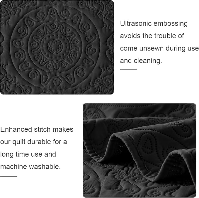 WURUIBO Black Quilt Set King/Cal King Size, Embossing Microfiber Bedspreads - Image 5