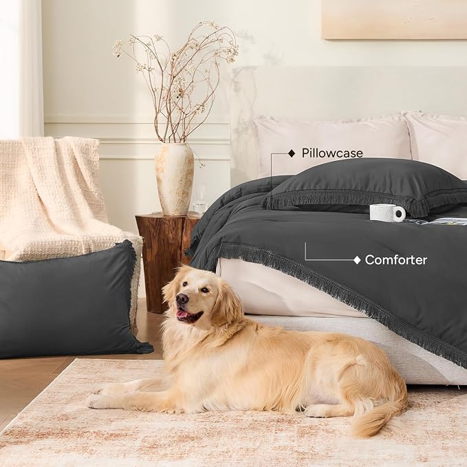 Andency Queen Comforter Set Dark Grey, 3 Pieces Boho Tassel Lightweight Bedding - Image 5