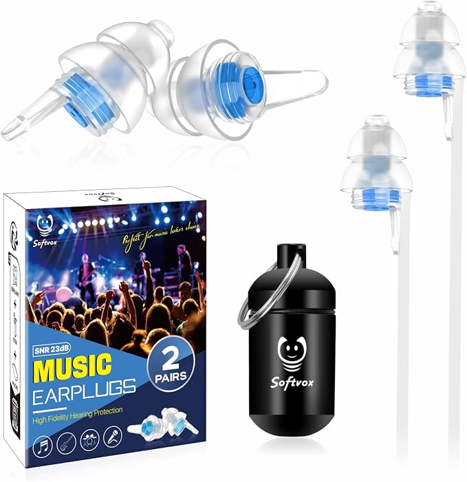 Concert Ear Plugs 2 Pairs, Noise Reduction Music Earplugs by Softvox
