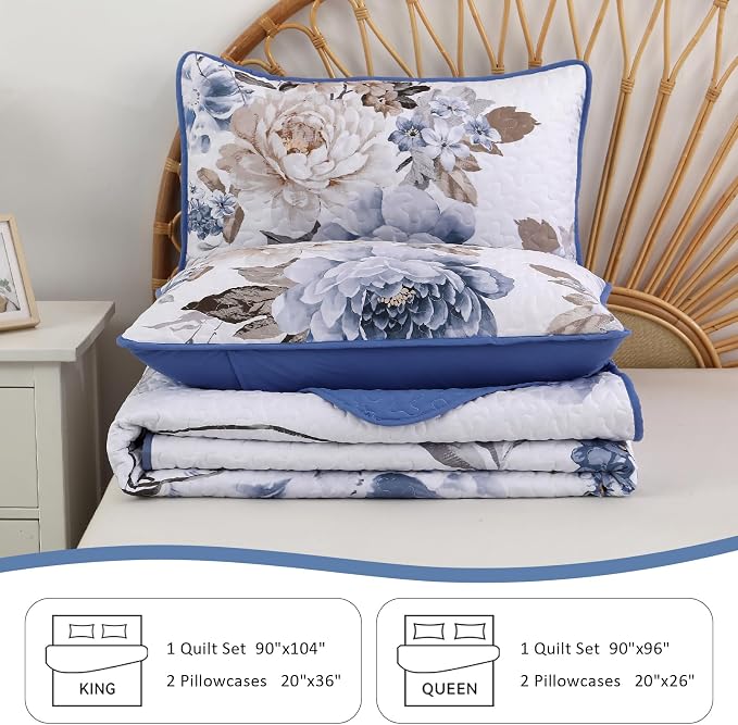WONGS BEDDING Floral Quilt Set 3 Pieces Blue Quilted Printed Bedspreads Bedding - Image 7
