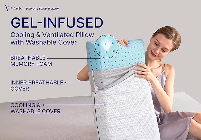 Vaverto Queen Memory Foam Pillow 2-Pack – Cooling Gel-Infused Orthopedic Bed - Image 2
