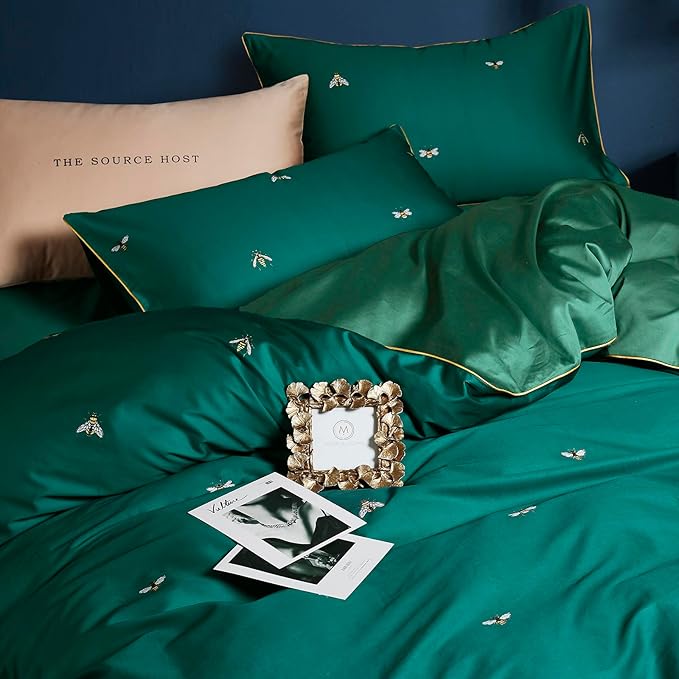 mixinni Dark Green Duvet Cover Twin XL Size, 100% Long Staple Cotton Honeybee - Image 3