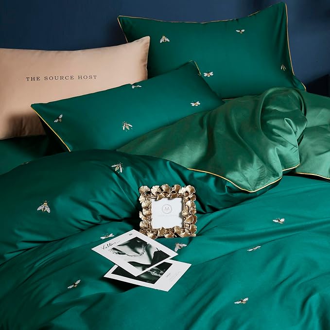 mixinni Dark Green Duvet Cover Queen Size, 100% Long Staple Cotton Honeybee - Image 3