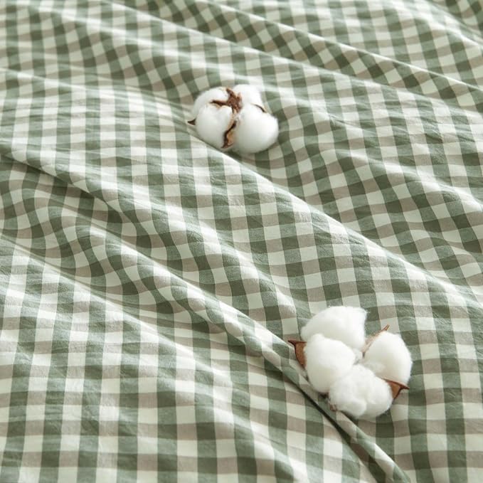 Nayoroom Gingham Duvet Cover Queen Size 100% Washed Cotton Green Plaid - Image 6