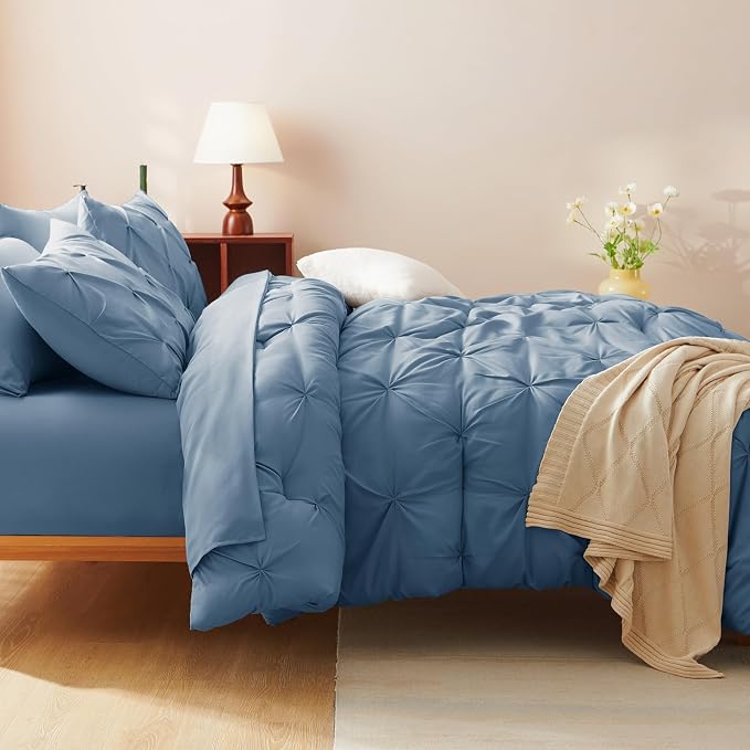 HIMEET Pintuck Bed in a Bag, 7 Pieces Full Size Comforter Set Grayish Blue - Image 9