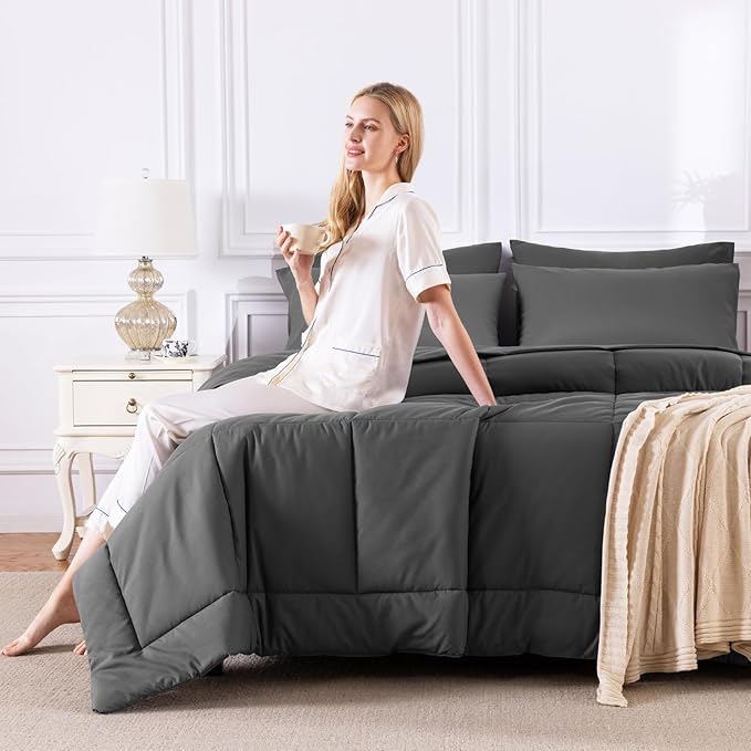 CozyLux Full Size Comforter Sets Dark Grey, 7 Pieces Bed in a Bag, Dark Grey - Image 7