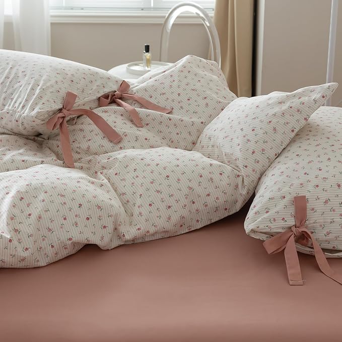 mixinni White Flower Pattern Duvet Cover Full Pink Floral Stripes Duvet Cover - Image 5