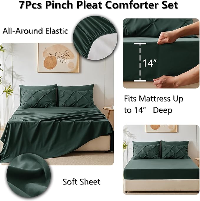 CozyLux Queen Comforter Set Forest Green, 7 Pieces Pintuck Bed in A Bag - Image 5