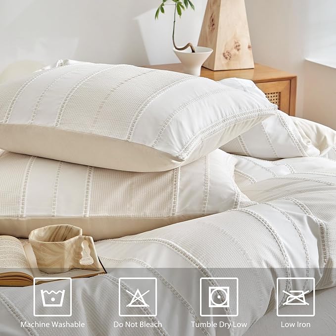 WARMDERN Khaki Striped Weave Duvet Cover King Size, Microfiber Textured Bedding - Image 4