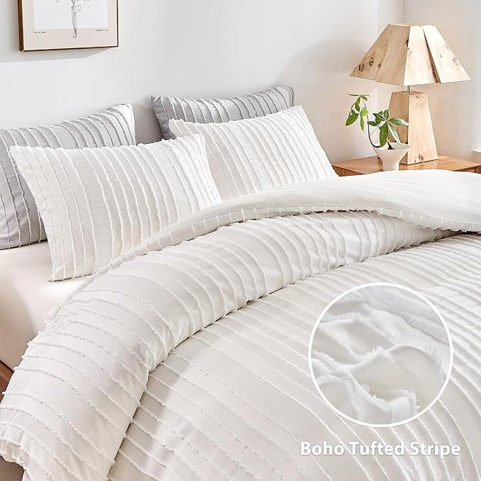 WARMDERN White Boho Duvet Cover Set King Size, Striped Textured Duvet Cover - Image 2