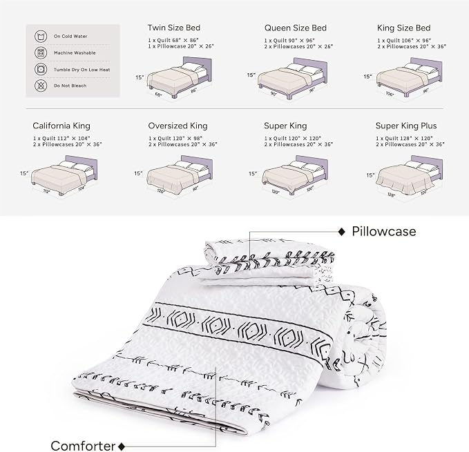 Andency White Quilts Queen Size, 3 Pieces Queen Quilt Bedding Set Boho - Image 6