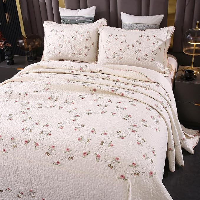 Quilt Set Floral Leaves 3D Embroidery Pattern 2 PCS Cotton Reversible Quilted by ROOMLIFE