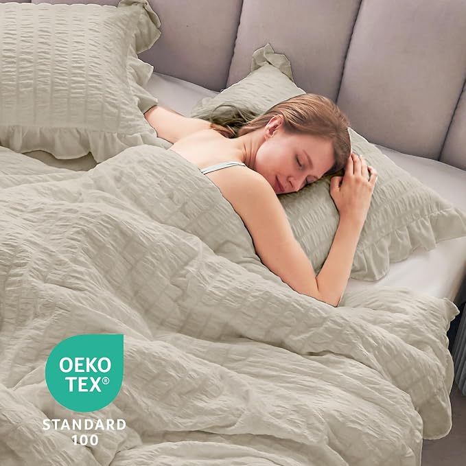 JOLLYVOGUE Queen Comforter Set, 3 Pieces Oatmeal Seersucker Comforters Queen - Image 6
