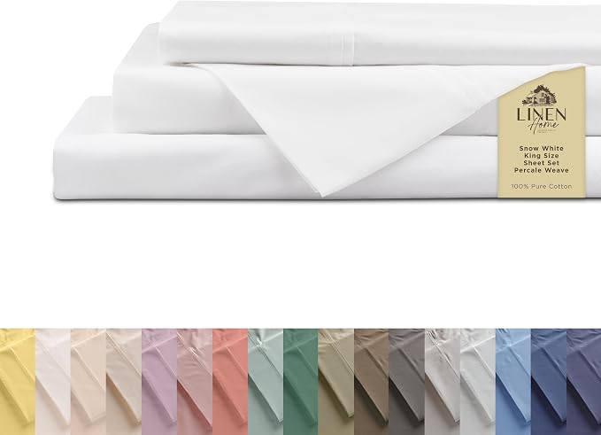 Linen Home 100% Cotton Percale Sheets King Size, Snow White, Deep Pocket by LINENHOME