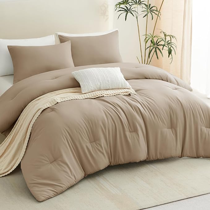 CozyLux Full Size Comforter Set Taupe, 3 Pieces Solid Breathable Quilted - Image 8