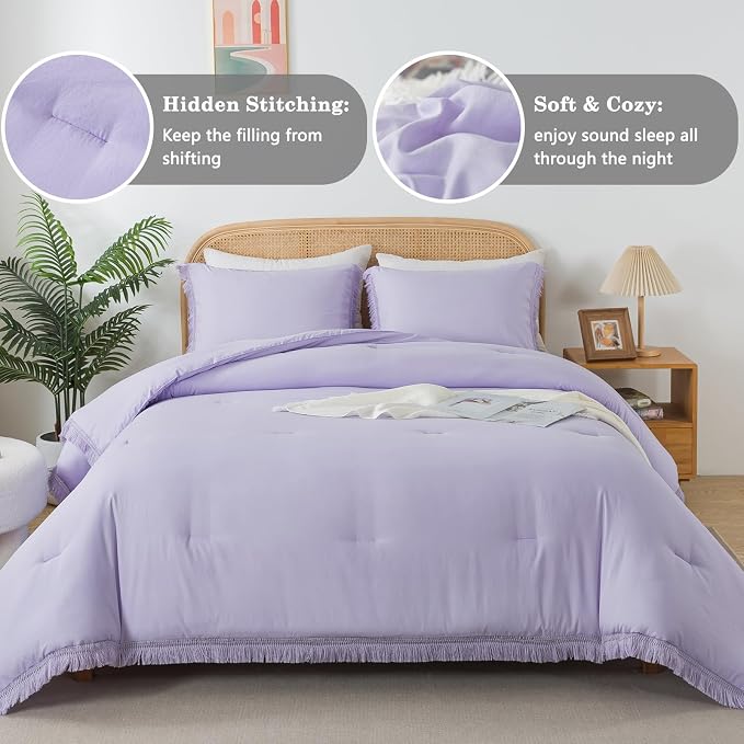 Andency Comforter King Size Bed Set Lavender, All Season Soft Tassel Bed Set - Image 7