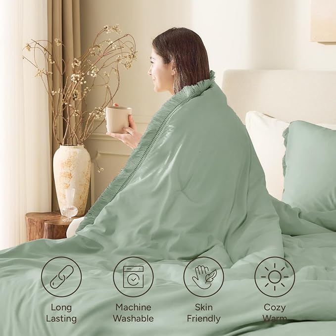 Andency Sage Green Tassel Comforter Set Full, 3 Pieces Boho Farmhouse Shabby - Image 4