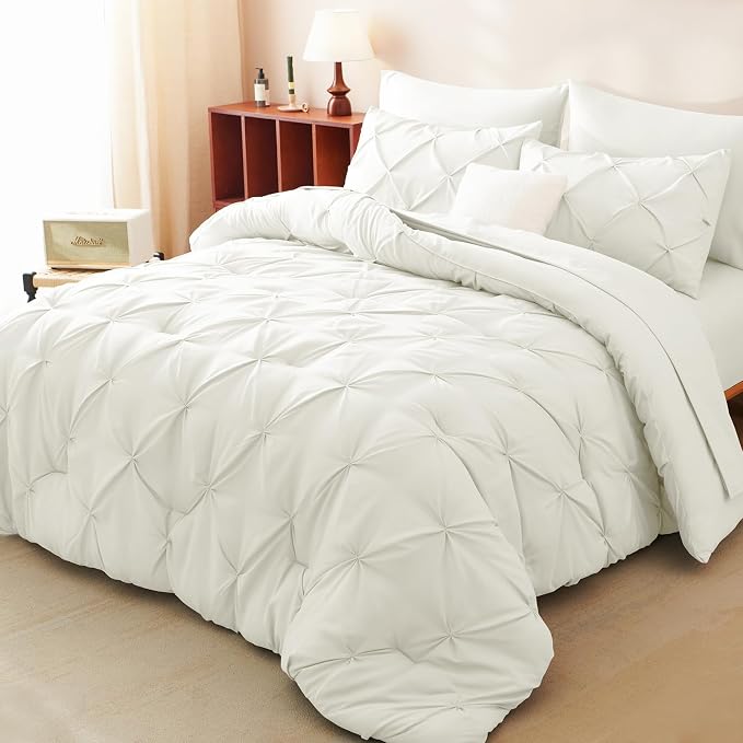 HIMEET Pintuck Bed in a Bag, 7 Pieces Queen Size Comforter Set Ivory, Luxury - Image 8