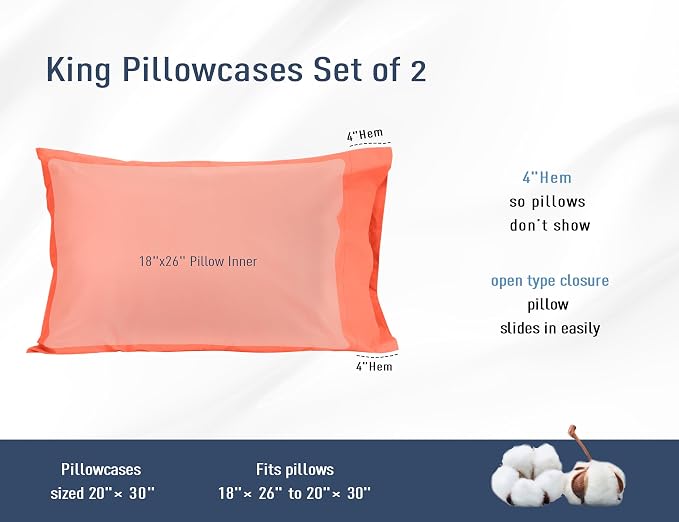 Pillow Cases, King Size Cotton Percale Weave Pillowcases, Pre-Shrunk Breathable - Image 3