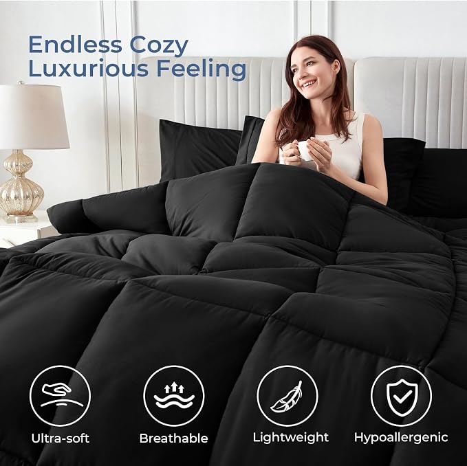 Sasttie California King Comforter Set Black, 7 Pieces Cal King Bed in a Bag - Image 2