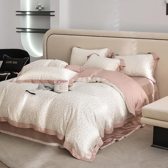 mixinni Pink White Floral Duvet Cover Twin XL Size Green Leaves Cute Flower - Image 2