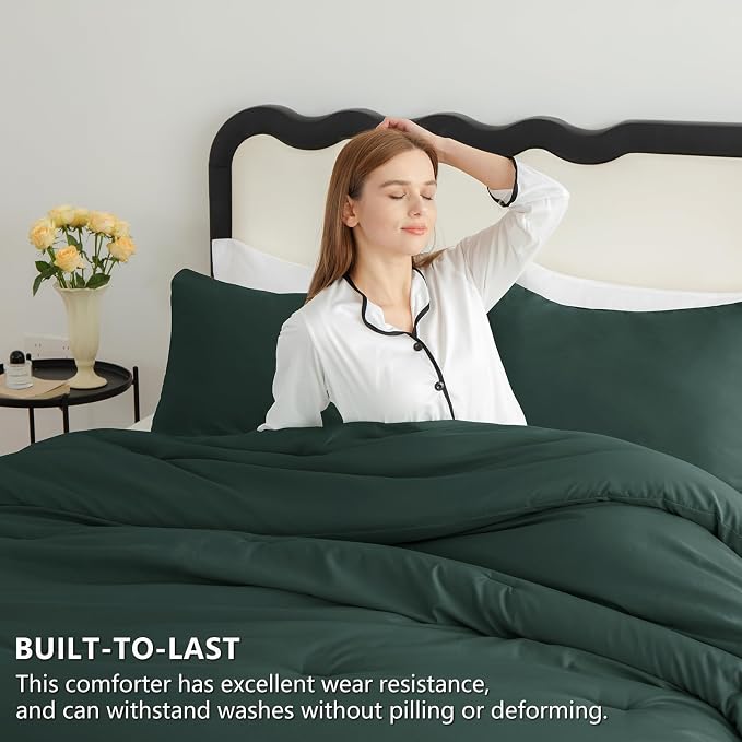 CozyLux California King Comforter Set Forest Green, 3 Pieces Cal King Solid - Image 3