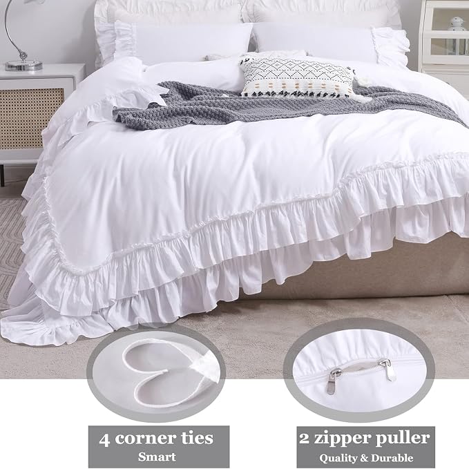 QSH Ruffle White Duvet Cover California King Size- Washed Cotton Shabby - Image 5