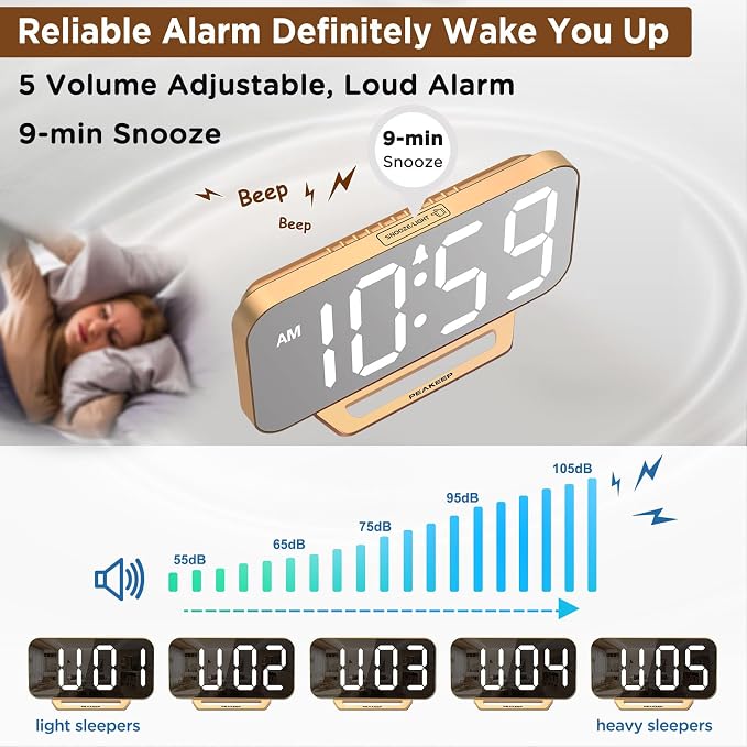 Peakeep Slim Digital Mirror Aesthetic Alarm Clock - Image 5