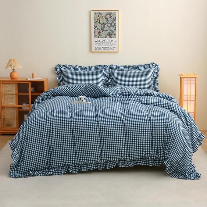 Silnuo Navy Blue/White Plaid Ruffle 3-Piece Duvet Cover Set Full Size, Washed by Silnuo
