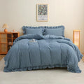 Silnuo Navy Blue/White Plaid Ruffle 3-Piece Duvet Cover Set Full Size, Washed by Silnuo