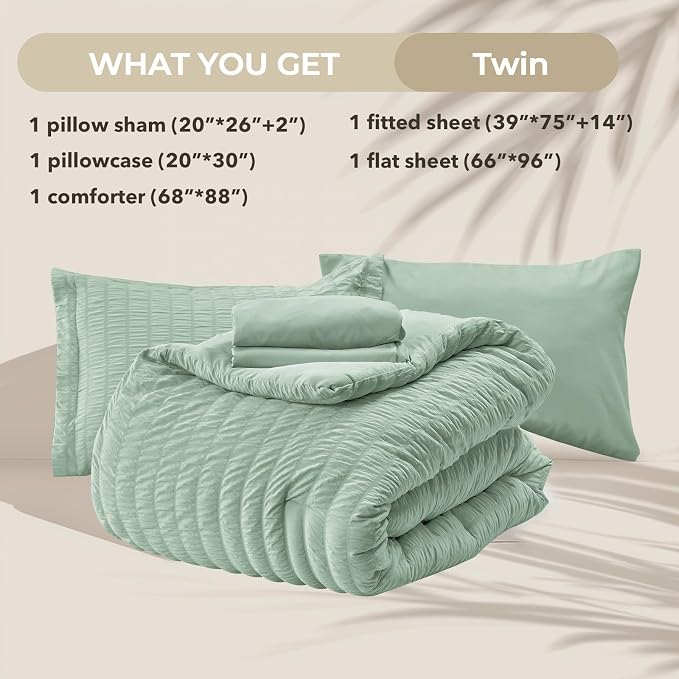 HYMOKEGE Sage Green Twin Comforter Set Seersucker 5 Pieces, All Season Luxury - Image 5
