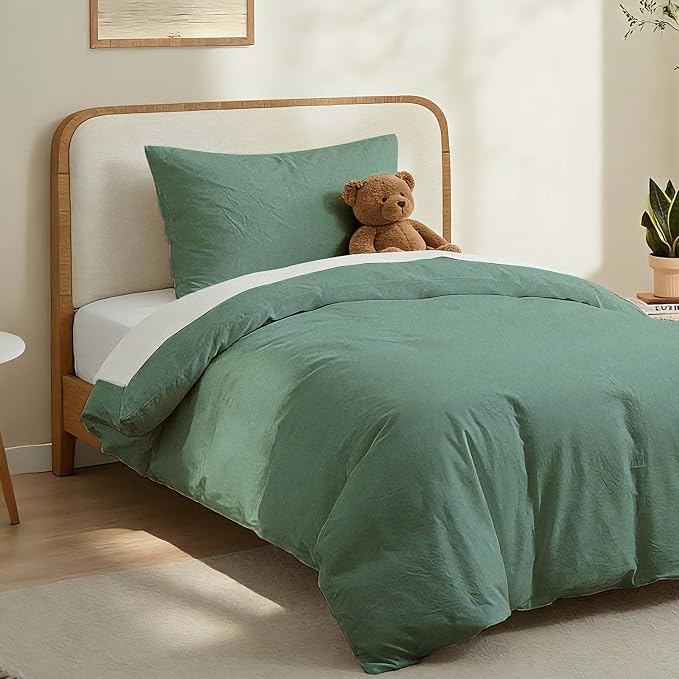 LOVQUE 100% Washed Cotton Duvet Cover Twin Size, Mint Green Fade-Resistant - Image 2
