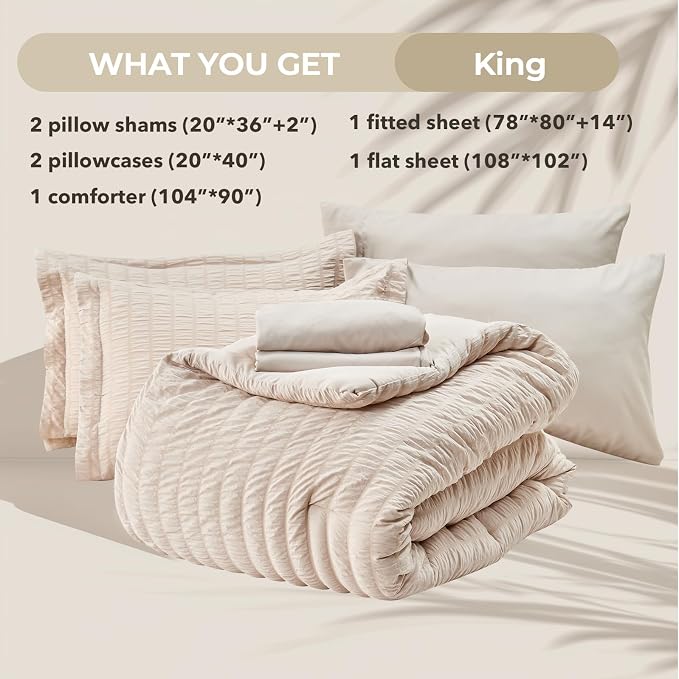HYMOKEGE Beige King Size Comforter Set Seersucker 7 Pieces, All Season Luxury - Image 6