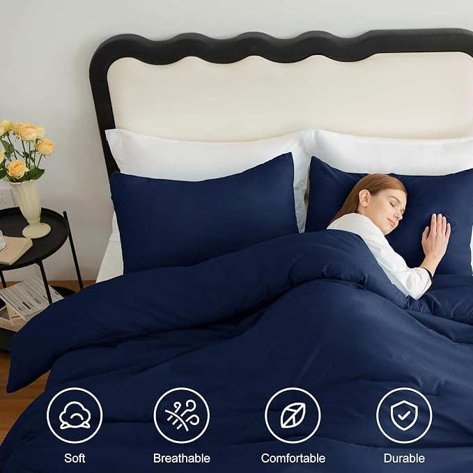 CozyLux California King Comforter Set Navy Blue, 3 Pieces Cal King Solid - Image 5