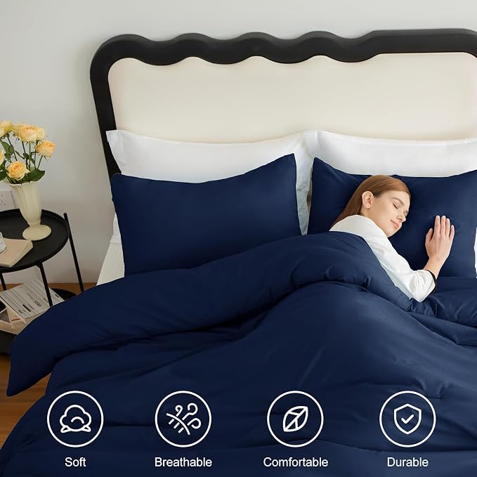 CozyLux Twin Comforter Set Navy Blue, 2 Pieces Twin Extra Long Solid Breathable - Image 4