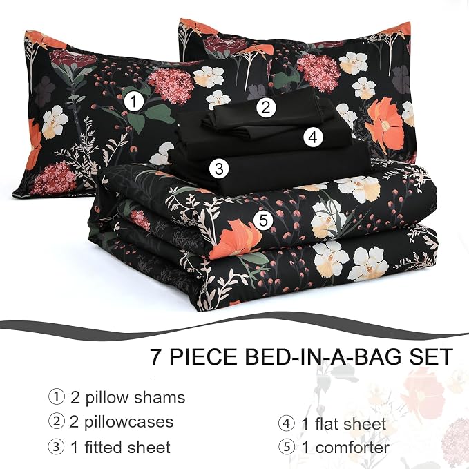 Yiran Black Red Floral Comforter Set Queen Size, 7 Piece Winter Comforter - Image 7