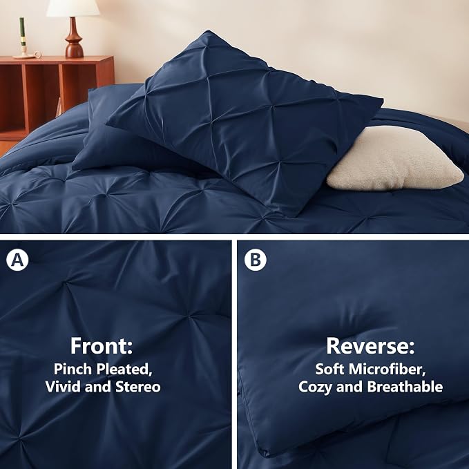 CozyLux King Size Comforter Set Navy Blue, Pintuck Bed in A Bag 7 Pieces - Image 3