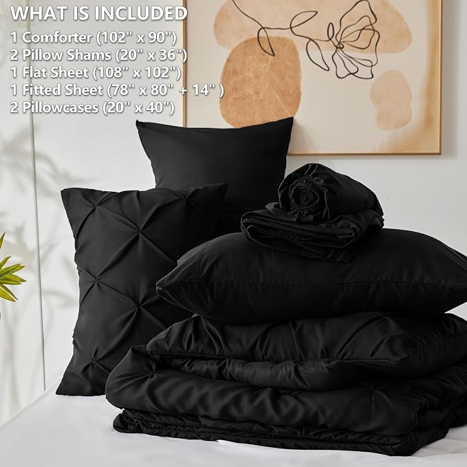 HIMEET Pintuck Bed in a Bag, 7 Pieces King Size Comforter Set Black, Luxury - Image 7