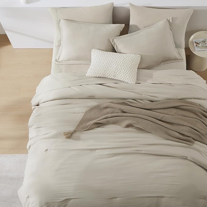 WRENSONGE Oversize King Size Comforter Sets- 7 Pieces Soft Light Oatmeal Bed in - Image 3