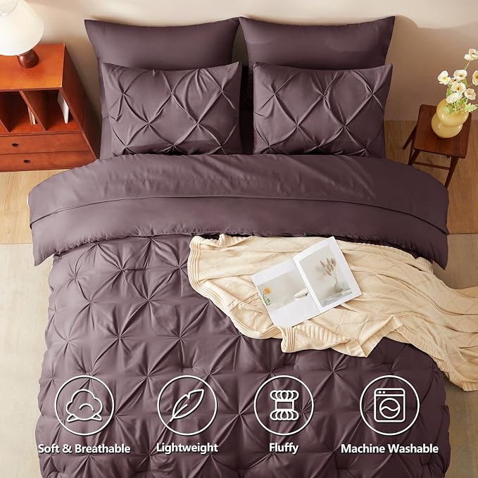 CozyLux King Size Comforter Set Cocoa Powder, 7 Pieces Pintuck Bed in A Bag - Image 2