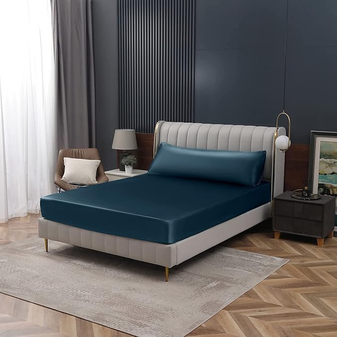 Homiest Deep Sea Blue Satin Fitted Sheet Twin XL Size, Deep Pocket, Luxury & - Image 7