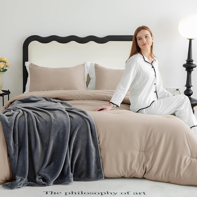CozyLux King Size Comforter Set Wheat, 3 Pieces Solid Comforters King Size - Image 9