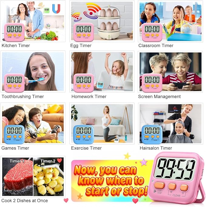 Antonki 2 Pack Digital Timer for Kids, Magnetic Countdown Kitchen Timers for - Image 7