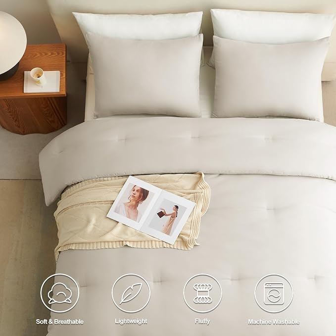 CozyLux Oversized King Comforter Set Beige, 3 Pieces 120x98 Solid Breathable - Image 3