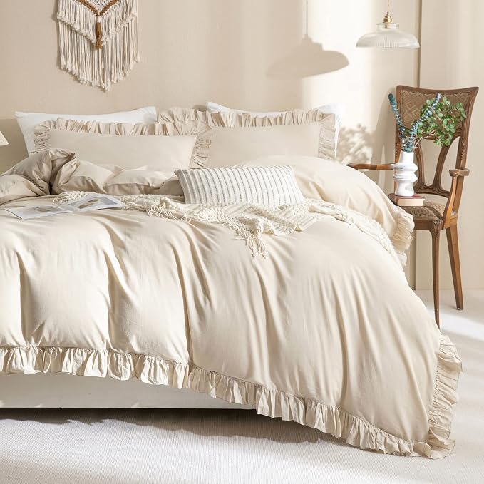 QSH Washed Cotton Duvet Cover King Ruffle Duvet Cover Linen Feel Textured by QSH