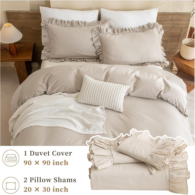 QSH Washed Cotton Queen Duvet Cover Set Ruffle Duvet Cover Linen Textured - Image 6