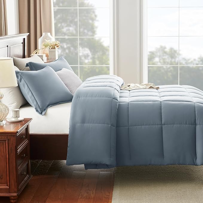 CozyLux Oversized Queen Comforter Set, 3 Pieces Grayish Blue 98x98 Box Stitched - Image 8