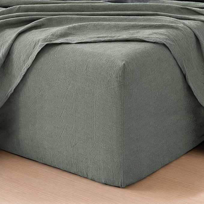 MooMee Fitted Bottom Sheet Only 100% Washed Cotton Linen Like Textured by MOOMEE