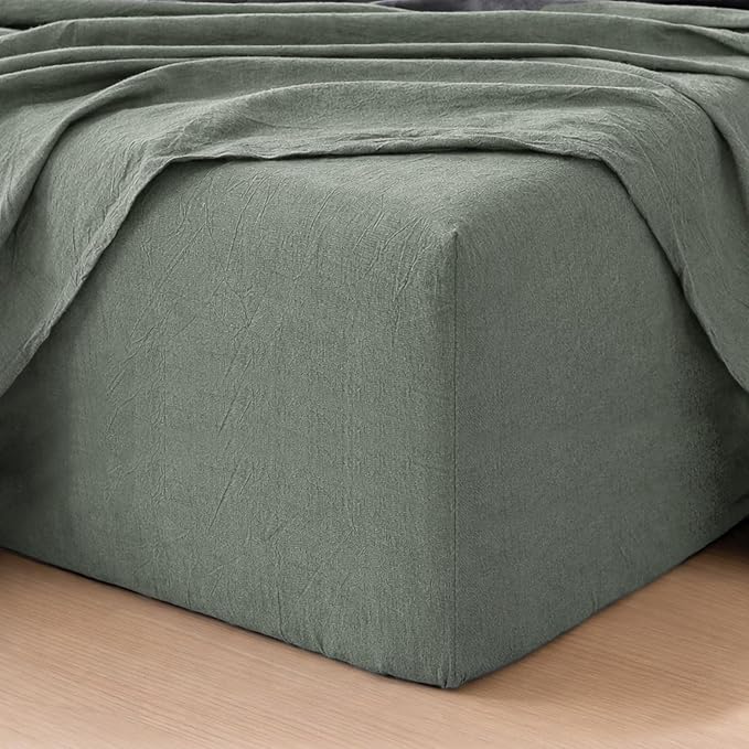 MooMee Fitted Bottom Sheet Only 100% Washed Cotton Linen Like Textured by MOOMEE
